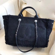 Chanel Denim Canvas Deauville Large Shopping Tote Bag Black 2018