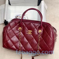 Chanel Quilted Wax Calfskin Travel Boston Top Handle Bag Burgundy 2020