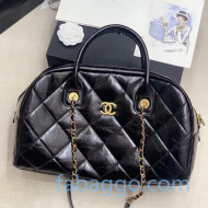 Chanel Quilted Wax Calfskin Travel Boston Top Handle Bag Black 2020
