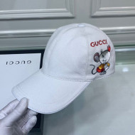 Gucci Canvas Baseball Hat with Mouse Embroidery White 2020