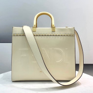 Fendi Sunshine Medium Shopper Tote Bag in Metal Stitching Leather White 2021