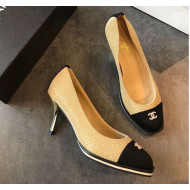 Chanel Logo Glitter Fabric Pumps Heel 70mm Gold/Black 2018