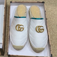 Gucci Chevron Raffia Flat Espadrille Mules with Double G 578554 White 2019