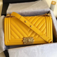 Chanel Grained Calfskin Medium BOY CHANEL Handbag with Gold-tone Metal Yolk Yellow 2018