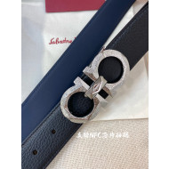 Ferragamo Men's Gained Calf Leather Belt 3.5cm Black/Blue/Shiny Silver 2022 033131
