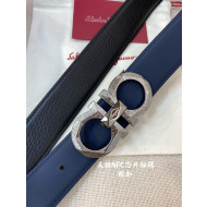 Ferragamo Men's Gained Calf Leather Belt 3.5cm Black/Blue/Matte Silver 2022 033133