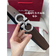 Ferragamo Men's Gained Calf Leather Belt 3.5cm Taupe Grey /Shiny Silver 2022 033134
