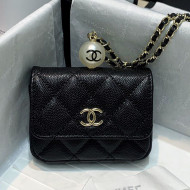Chanel Iridescent Grained Calfskin Flap Coin Purse with Pearl and Chain AP2118 Black 2021