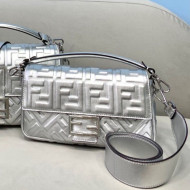 Fendi Baguette Medium FF Logo Lambskin Flap Bag Silver 2022