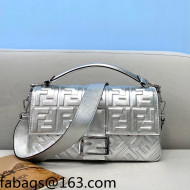 Fendi Baguette Large FF Logo Lambskin Flap Bag Silver 2022