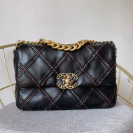 Chanel 19 Patchwork Lambskin Large Flap Bag AS1161 Black 2021