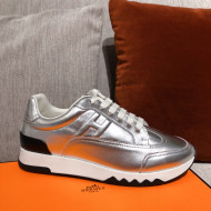 Hermes Trail Calfskin Sneakers Silver 2021 03 (For Women and Men)