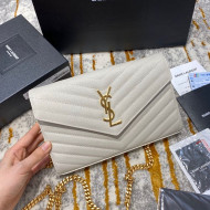 Saint Laurent Monogram Chain Wallet in Grained Leather 377828 White/Gold 2021