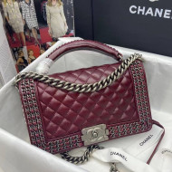 Chanel Wax Leather Medium Boy Flap Bag with Chain and Top Handle Burgundy 2021