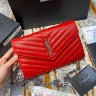 Saint Laurent Monogram Chain Wallet in Grained Leather 377828 Red/Silver 2021