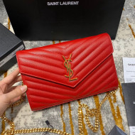 Saint Laurent Monogram Chain Wallet in Grained Leather 377828 Red/Gold 2021