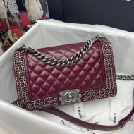 Chanel Wax Leather Medium Boy Flap Bag with Chain Charm A67086 Burgundy 2021