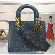 Dior Lady Dior Supple bag Embroidered with Gold Thread Denim Blue 2018