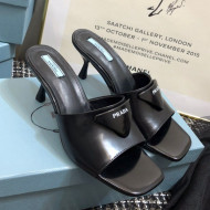 Prada Shiny Leather Heel Slide Sandals Black 2021
