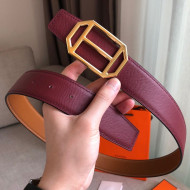 Hermes Pad Reversible Leather Buckle Belt 38mm Burgundy 2019