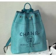 Chanel Mixed Fibers Striped Deauville Drawstring Backpack Bag Cyan 2020
