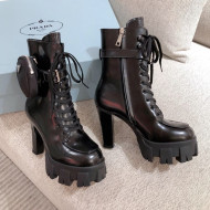 Prada Shiny Leather Heel Platform Short Boots with Nylon Pouch Black 2020