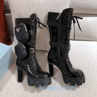 Prada Patent Leather Heel Platform High Boots with Nylon Pouch Black 2020