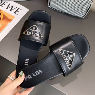 Prada Metallic Logo Flat Slide Sandals Black 2021