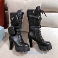 Prada Calfskin Heel Platform High Boots with Nylon Pouch Black 2020