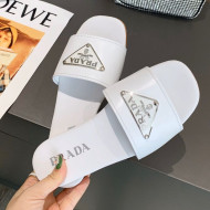 Prada Metallic Logo Flat Slide Sandals White 2021