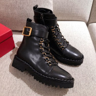 Valentino The Rope Calfskin Combat Short Boots Black/Gold 2020