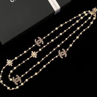 Chanel Double Cross CC Pearls Long Sweater Necklace White/Gold 2019