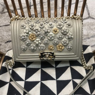 Chanel Camellia Large Boy Flap Bag A67085 Light Gray/Gold 2019