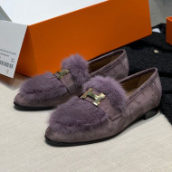 Hermes Suede Mink Fur H Flat Loafers Purple 2020