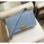 Chanel Chevron Grained Calfskin Medium Boy Flap Bag A67086 Light Blue/Gold 2019