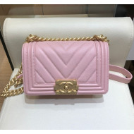 Chanel Chevron Grained Calfskin Small Boy Flap Bag A67085 Pink/Gold 2019