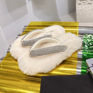 Alexander Wang Rabbit Fur and Crystal Thong Flat Sandals White 2021