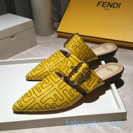 Fendi FF Leather Flat Mules with Buckle Band Yellow 2020