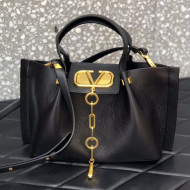 Valentino Small VCASE Grainy Calfskin Shopping Tote Bag Black 2021