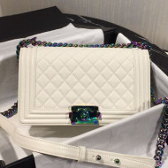 Chanel Rainbow Colored Hardware Quilted Grained Calfskin Medium Classic Boy Flap Bag White 2019