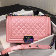 Chanel Rainbow Colored Hardware Quilted Grained Calfskin Medium Classic Boy Flap Bag Pink 2019