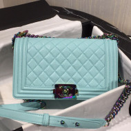 Chanel Rainbow Colored Hardware Quilted Grained Calfskin Medium Classic Boy Flap Bag Blue 2019