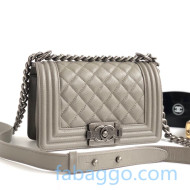 Chanel Quilted Grained Leather Small Classic Boy Flap Bag A67085 Grey/Aged Silver 2020