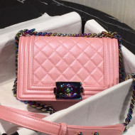 Chanel Rainbow Colored Hardware Quilted Grained Calfskin Small Classic Boy Flap Bag Pink 2019