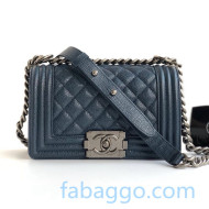 Chanel Quilted Grained Leather Small Classic Boy Flap Bag A67085 Blue/Aged Silver 2020