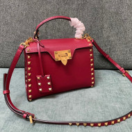 Valentino Small Rockstud Alcove Grainy Calfskin Handbag Red 2021 0488