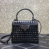 Valentino Small Rockstud Alcove Grainy Calfskin Handbag with All-Over Studs All Black 2021 0488