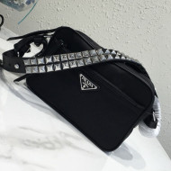 Prada Studded Strap Black Nylon Bag 1BC167 Silver 2021