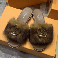 Louis Vuitton LV Mink Fur Flat Slide Sandals Brown 2020