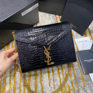 Saint Laurent Cassandra Monogram Clasp Shoulder Bag in Crocodile Embossed Leather 532750 Black/Gold 2020